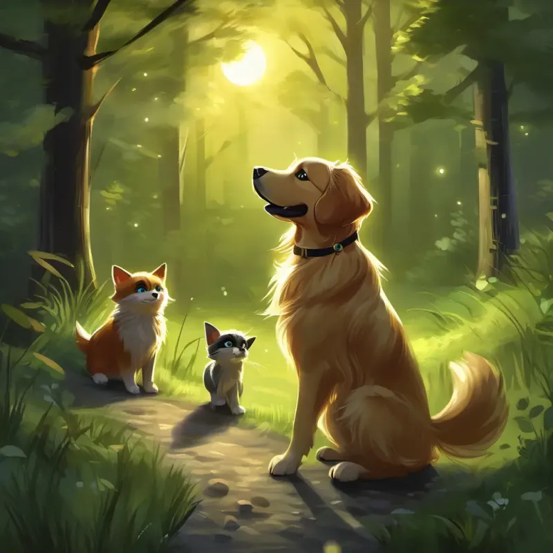 Moonlit glade, Furry golden retriever, brown eyes, playful and loyal distracting raccoons, Fluffy black and white cat, green eyes, agile and mischievous sneaking to get precious gem, victorious celebration