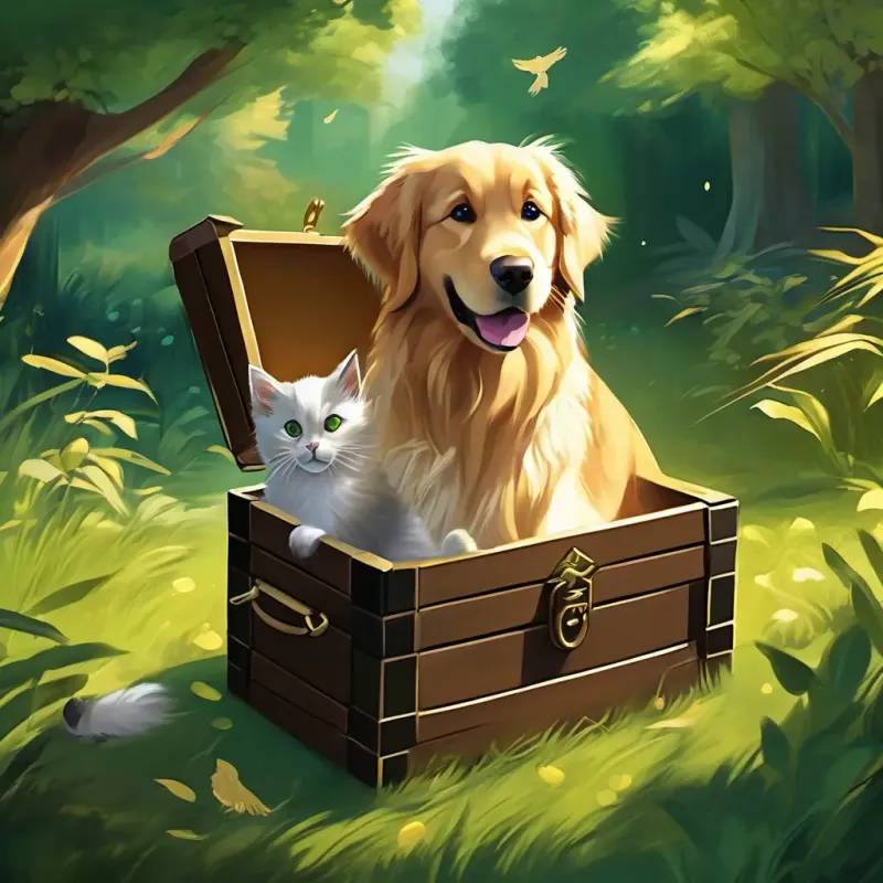 Mystical clearing, Treasure chest, Furry golden retriever, brown eyes, playful and loyal and Fluffy black and white cat, green eyes, agile and mischievous sharing treasures, happy and triumphant