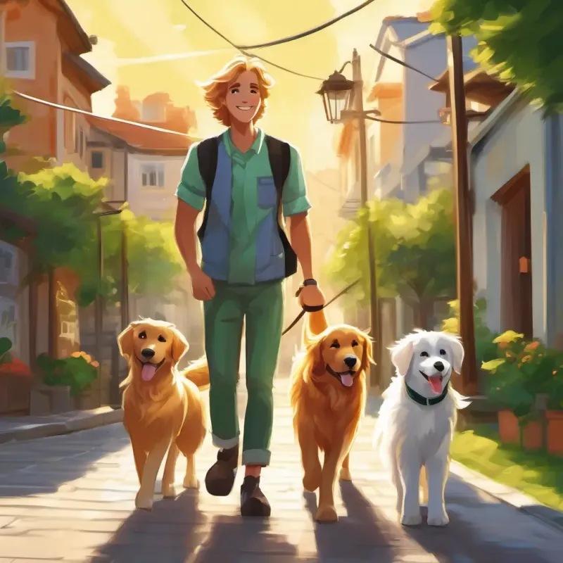 Sunny town, Furry golden retriever, brown eyes, playful and loyal and Fluffy black and white cat, green eyes, agile and mischievous walking back, smiling, friendship and happiness