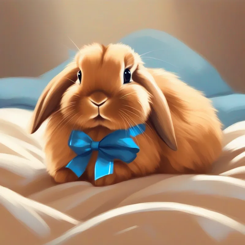 A A bunny with soft brown fur, sometimes wearing a blue bow. with soft brown fur, lying in bed.