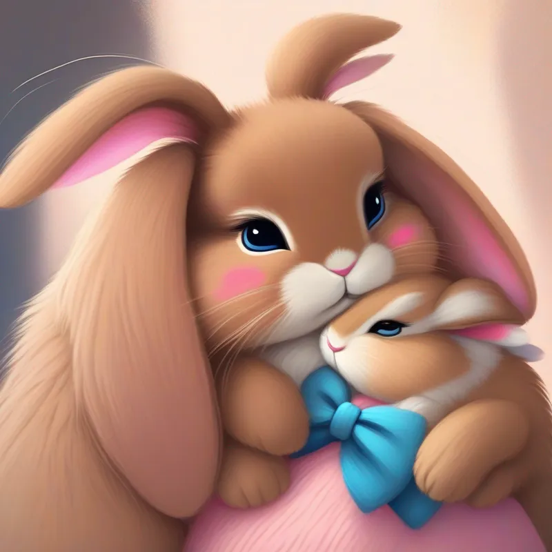 A A bunny with soft brown fur, sometimes wearing a blue bow. with pink fur, whispering into the sleepy bunny's ear.