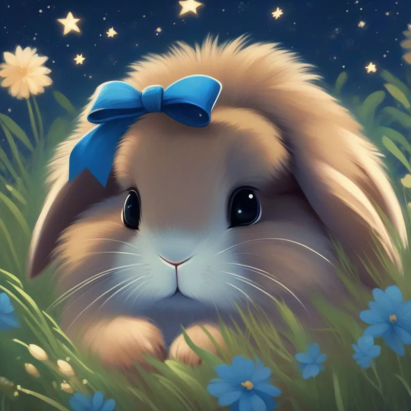 The A bunny with soft brown fur, sometimes wearing a blue bow. with closed eyes, surrounded by stars and the sound of nature.