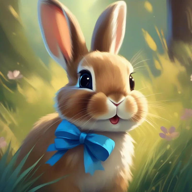 The A bunny with soft brown fur, sometimes wearing a blue bow. with a smile, hearing the sounds of nature.