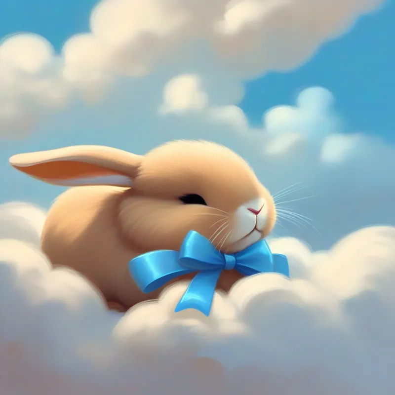 The A bunny with soft brown fur, sometimes wearing a blue bow. sleeping peacefully, dreaming of fluffy clouds.