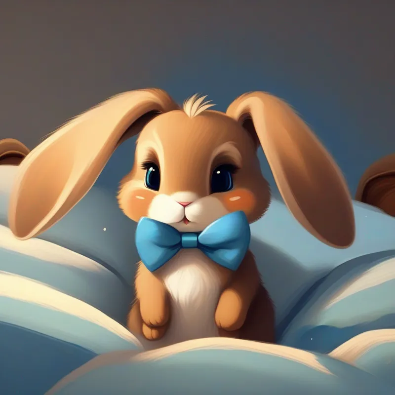The A bunny with soft brown fur, sometimes wearing a blue bow. in bed, holding their ears and listening.