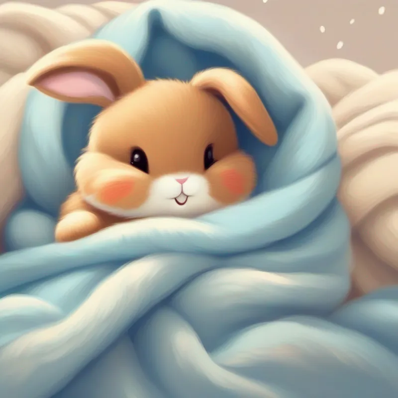 The A bunny with soft brown fur, sometimes wearing a blue bow. with a big smile, sleeping with a soft blanket.