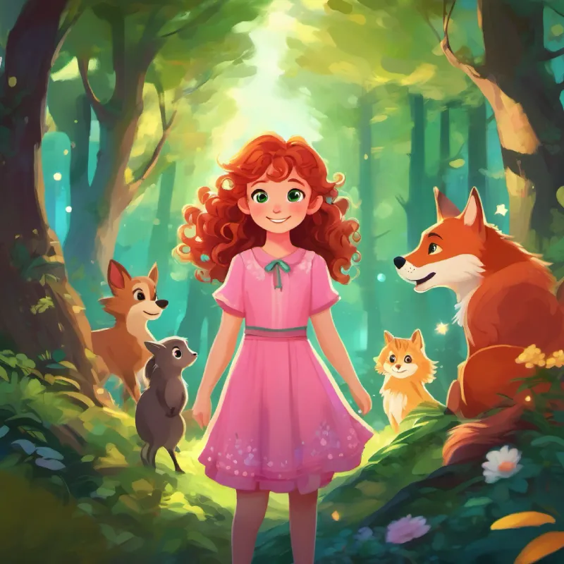 Curly red hair, green eyes, always wearing a flowy pink dress and Messy brown hair, bright blue eyes, and a mischievous grin meet in a colorful forest filled with talking animals and twinkling stars.