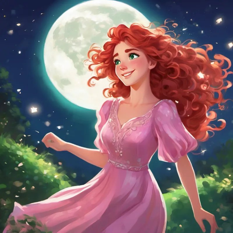 Curly red hair, green eyes, always wearing a flowy pink dress's hair danced in the wind, and Messy brown hair, bright blue eyes, and a mischievous grin's eyes sparkled like diamonds under the moonlight.