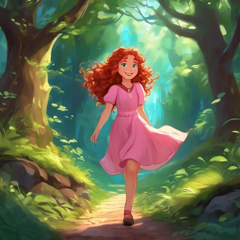 Curly red hair, green eyes, always wearing a flowy pink dress and Messy brown hair, bright blue eyes, and a mischievous grin giggle while finding hidden treasures and secret passages in the magical forest.