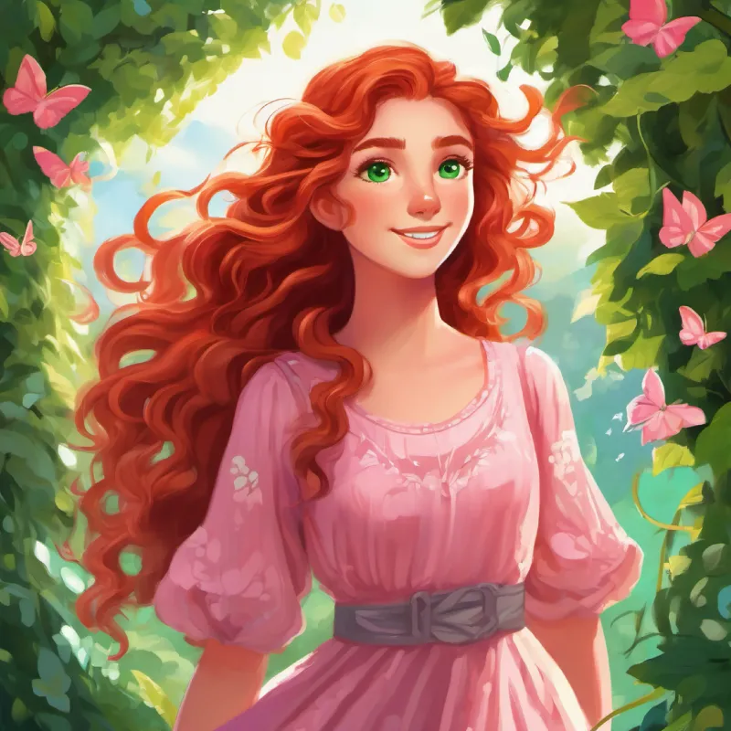 Curly red hair, green eyes, always wearing a flowy pink dress and Messy brown hair, bright blue eyes, and a mischievous grin's friendship blossomed as they swung on vines and chased butterflies, sharing secrets and dreams.
