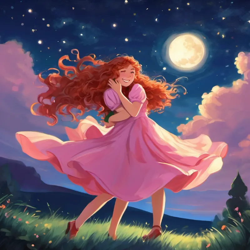 Curly red hair, green eyes, always wearing a flowy pink dress and Messy brown hair, bright blue eyes, and a mischievous grin realize they're in love and dance under the stars, laughing and twirling in the moonlight.