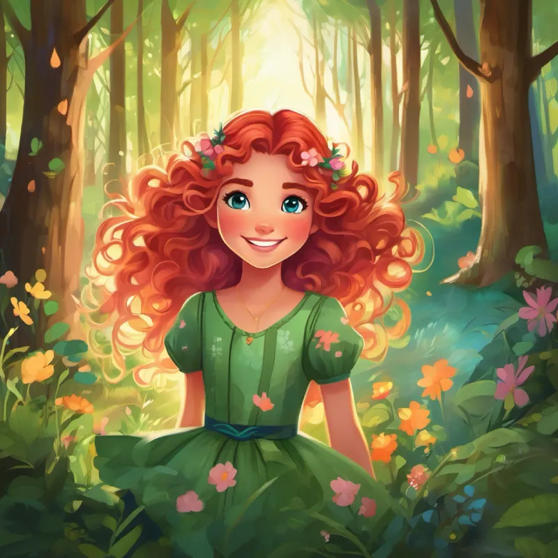 Curly red hair, green eyes, always wearing a flowy pink dress and Messy brown hair, bright blue eyes, and a mischievous grin's love grows as they help the woodland creatures, and the forest glows with joy and enchantment.
