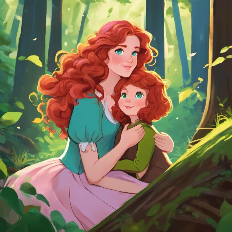 Curly red hair, green eyes, always wearing a flowy pink dress and Messy brown hair, bright blue eyes, and a mischievous grin knew they would have more adventures together, and the forest whispered secrets of their happily ever after.