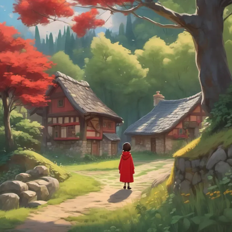 A dreamy village scene with quaint houses and a little girl in a red cloak standing at the edge of the forest.