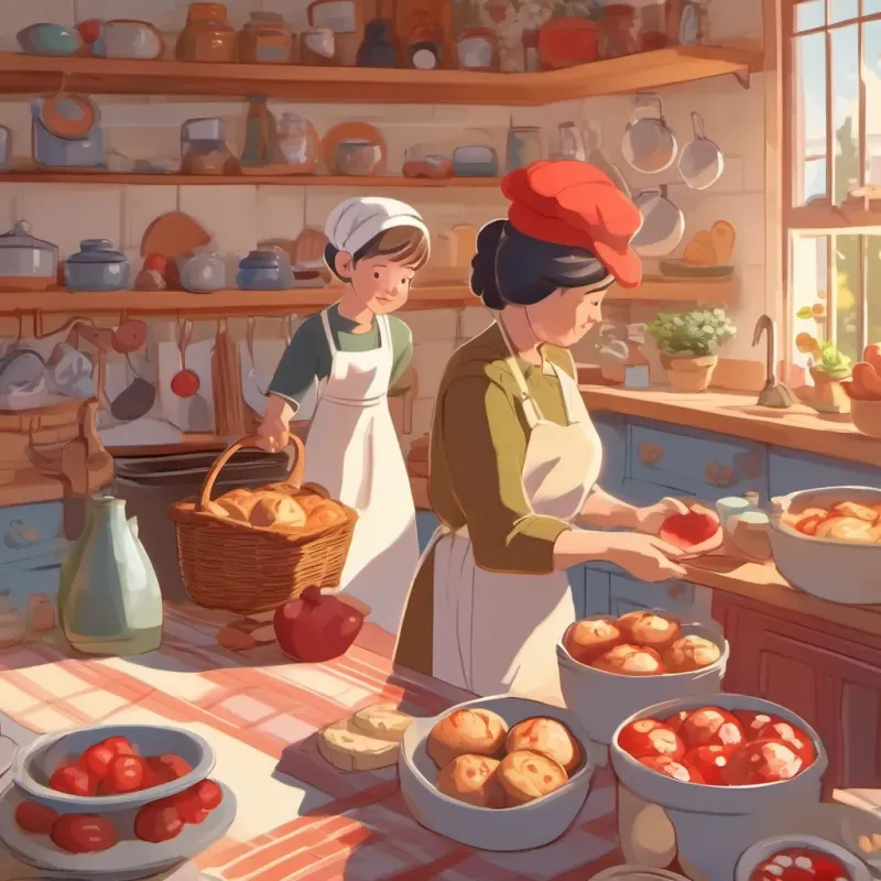 A sunny kitchen with a mother handing Little Red a basket full of muffins, jam, and other treats.