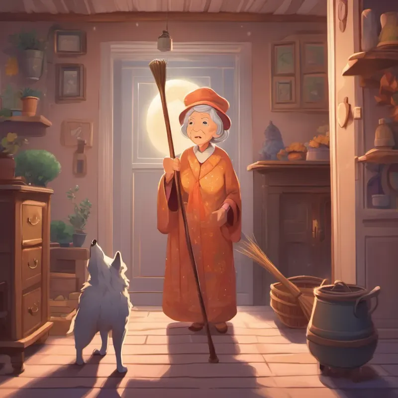 An elderly woman with twinkling eyes, dressed in nightclothes, full of warmth and wisdom bursting out of the closet with a broom, chasing the wolf away.