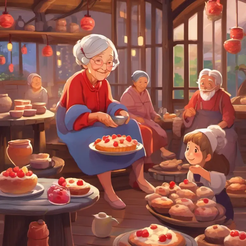 A heartwarming gathering of An elderly woman with twinkling eyes, dressed in nightclothes, full of warmth and wisdom, Little Red, and the villagers enjoying muffins and jam together.