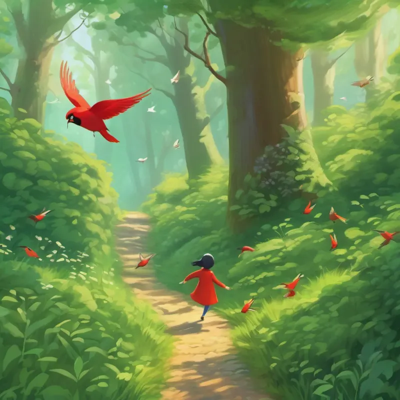 A cheerful scene with Little Red skipping through a green forest path, surrounded by tweeting birds.