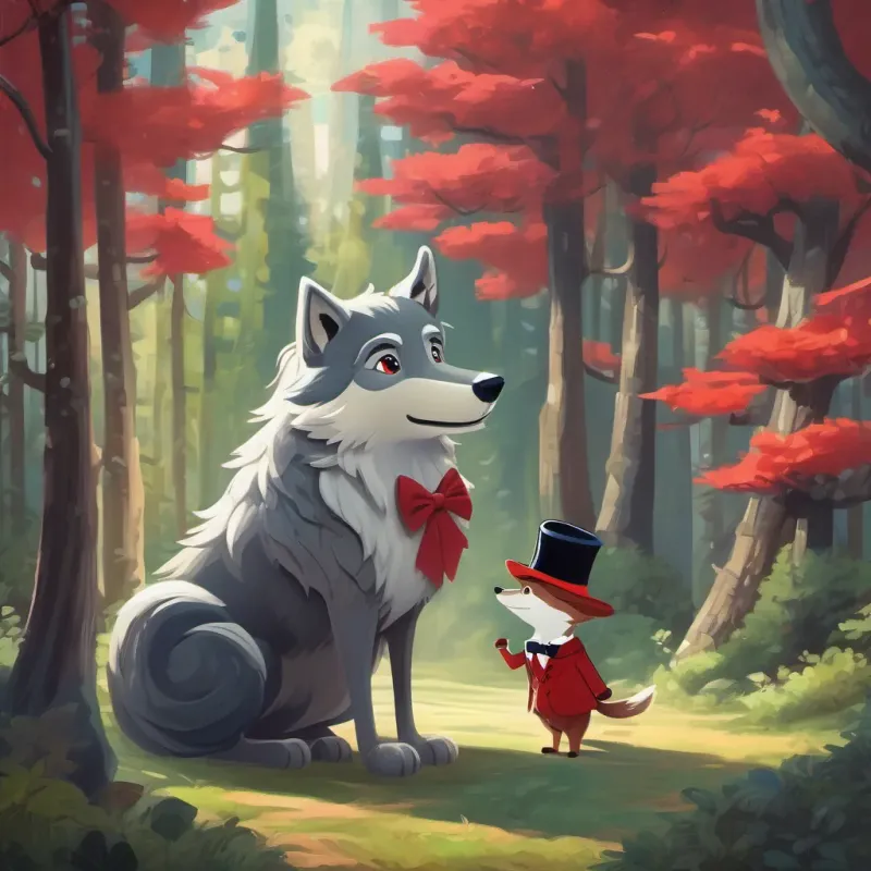 A whimsical wolf in a top hat and bow tie, standing in the forest, speaking to Little Red.