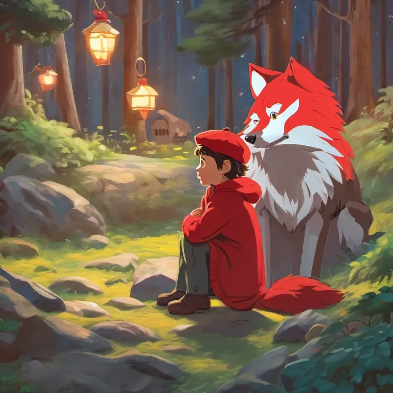 Little Red speaking to the wolf, who is pondering with a twinkle in his eyes.