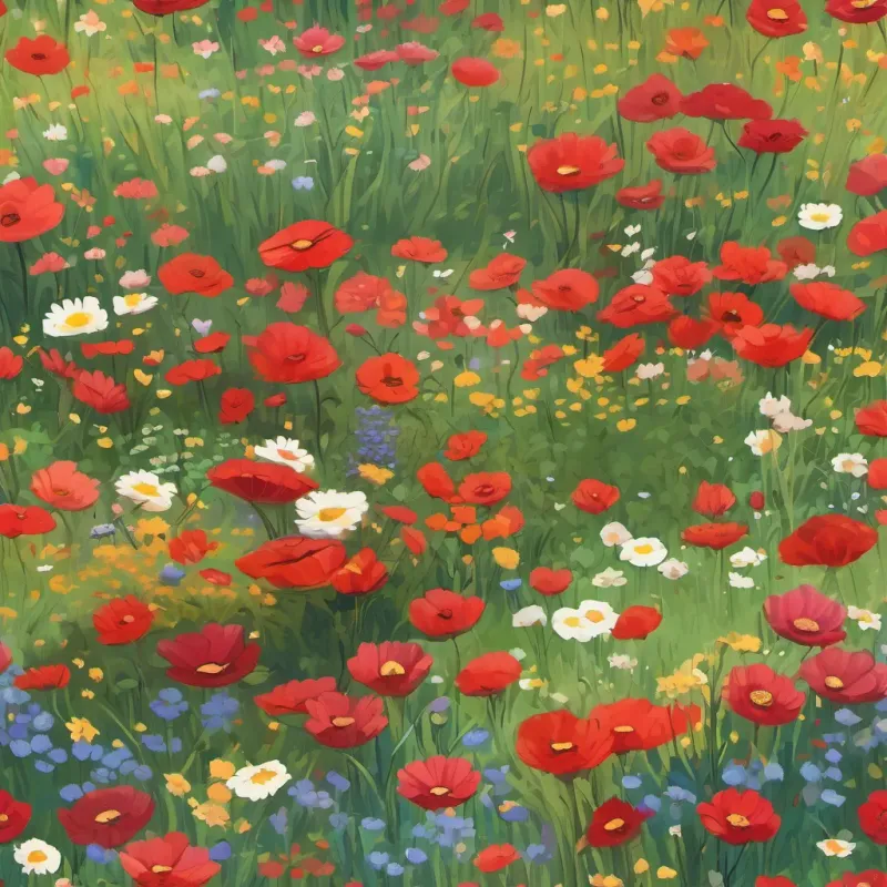 Little Red picking colorful flowers in a meadow filled with diverse blooms.