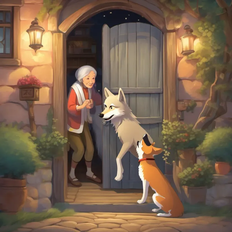 The wolf knocking on An elderly woman with twinkling eyes, dressed in nightclothes, full of warmth and wisdom's cozy cottage door with a sly grin.