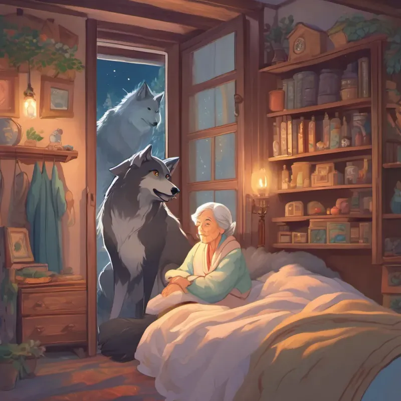 An elderly woman with twinkling eyes, dressed in nightclothes, full of warmth and wisdom hiding in the closet while the wolf puts on her nightcap and gets into bed.