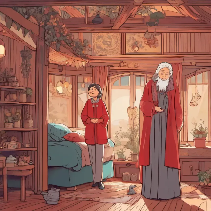 Little Red at An elderly woman with twinkling eyes, dressed in nightclothes, full of warmth and wisdom's house, looking surprised as she talks to the wolf in An elderly woman with twinkling eyes, dressed in nightclothes, full of warmth and wisdom’s bed.
