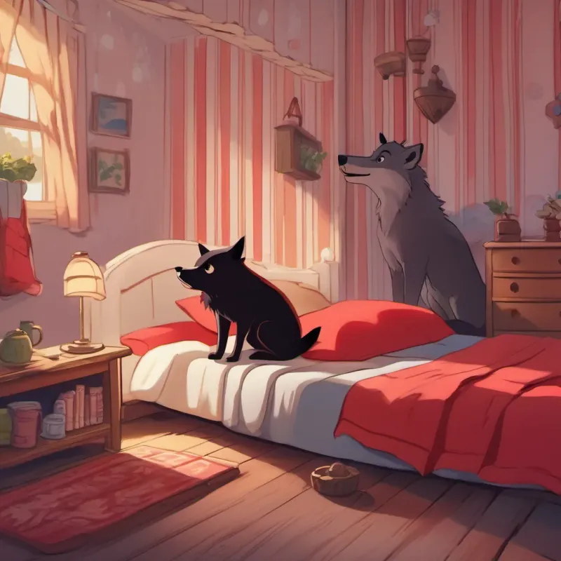 Little Red standing by the bed, with a surprised expression as she notices the wolf's ears and teeth.