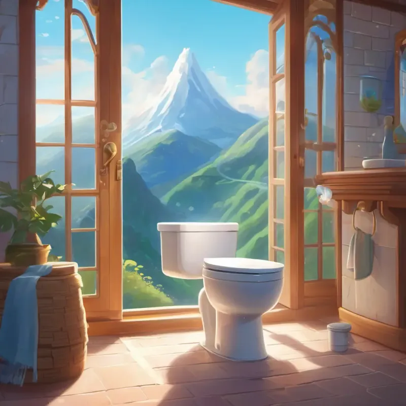 Introduction to Brave skibidi toilet with a clean, shining white exterior and sparkling blue eyes, the skibidi toilet, and the magical bathroom on the mountain.