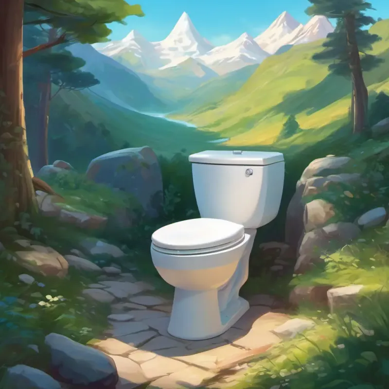 Brave skibidi toilet with a clean, shining white exterior and sparkling blue eyes's pride in maintaining the cleanliness, the refreshing scent of the mountain air, and the cameramen's admiration.