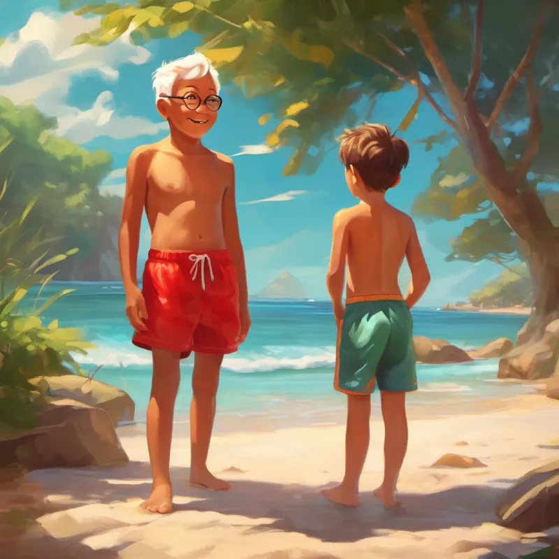 Introduction of Boy with bright eyes, energetic, wears red swim shorts and NorthShore, playing with his grandpa.