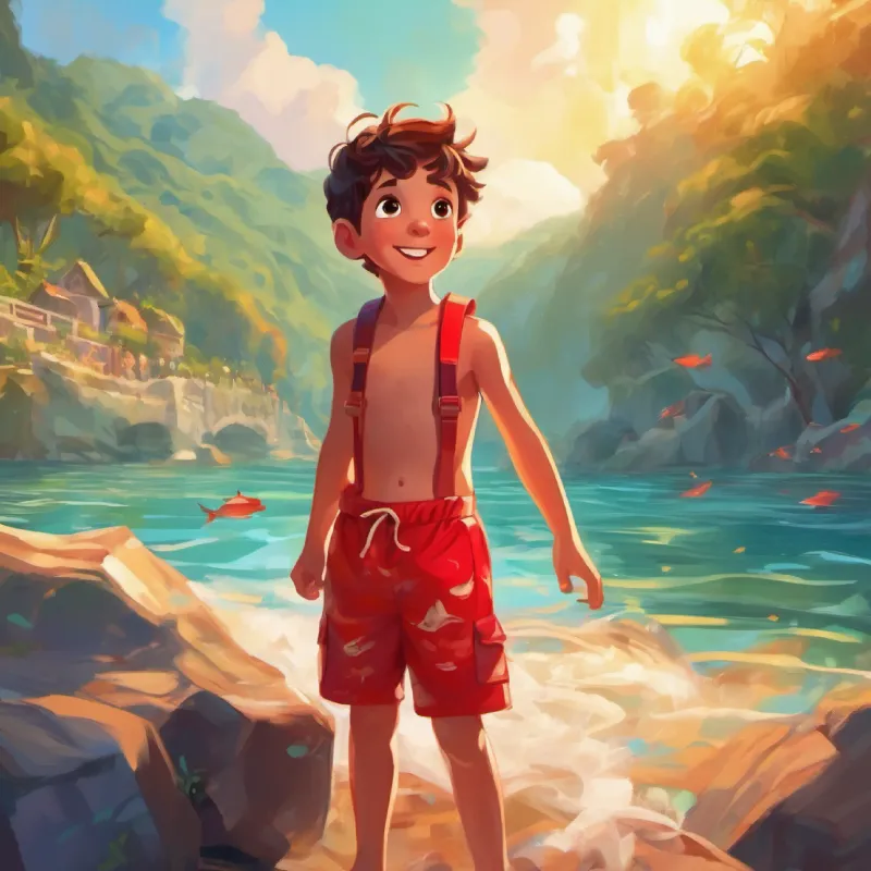 Boy with bright eyes, energetic, wears red swim shorts learns about the swimming adventure, feels excited.
