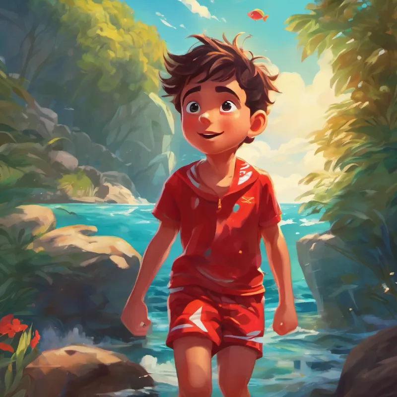 Boy with bright eyes, energetic, wears red swim shorts’s imagination runs wild as he learns to swim.