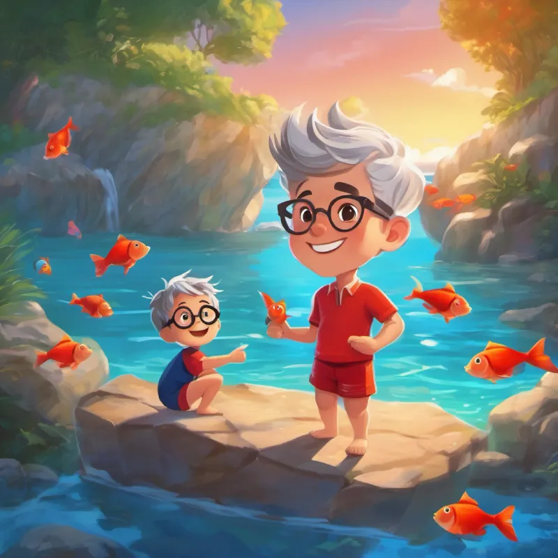 Loving, encouraging, always smiling, gray hair, glasses teaches Boy with bright eyes, energetic, wears red swim shorts swimming skills, meets toy fish.