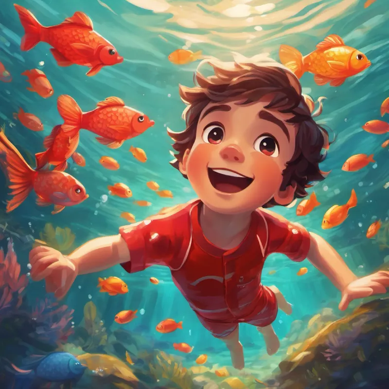 Swimming adventures with the toy fish, Boy with bright eyes, energetic, wears red swim shorts loves swimming.