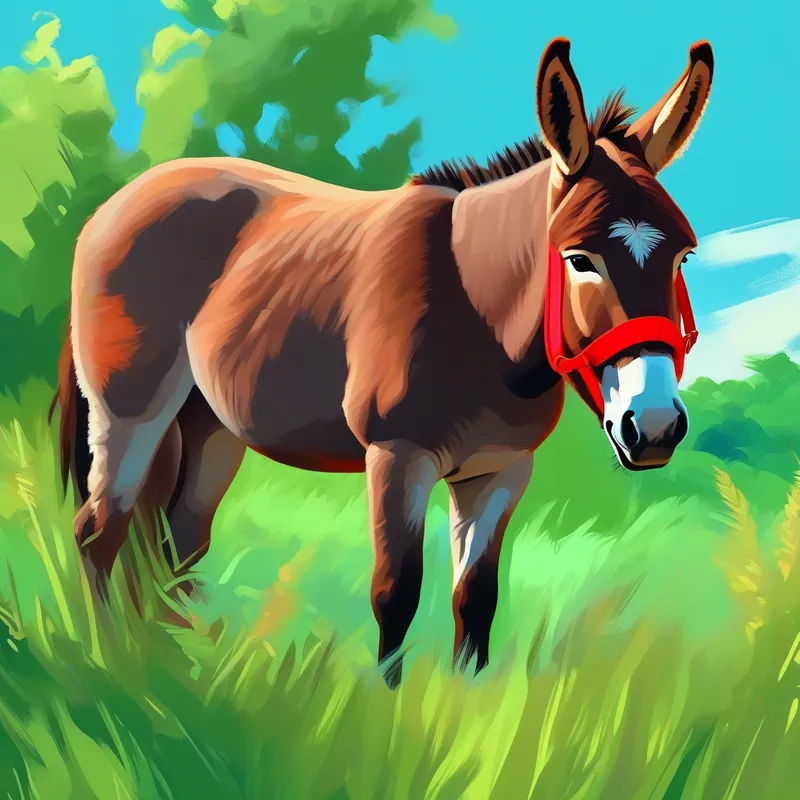 A brown donkey with a red halter in a green field, with a blue sky