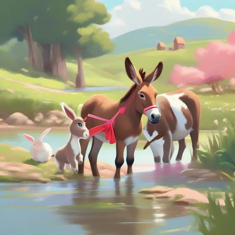 A brown donkey with a red halter playing with A white and brown cow with a pink bow and A small gray rabbit with floppy ears by a river