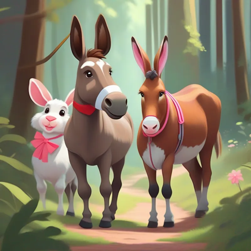 A brown donkey with a red halter, A white and brown cow with a pink bow, and A small gray rabbit with floppy ears walking through a forest