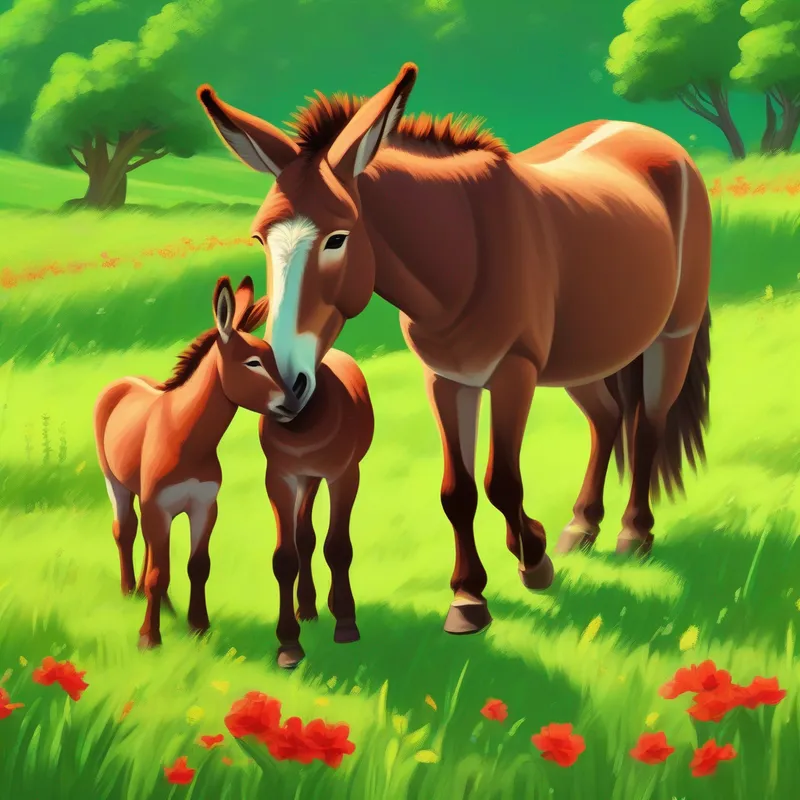 A brown donkey with a red halter reuniting with his family in a green meadow