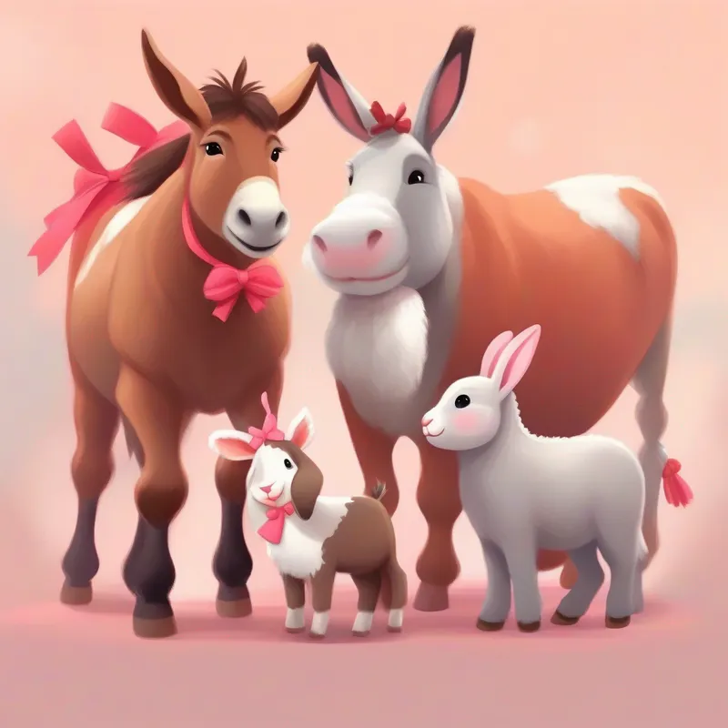 A brown donkey with a red halter, A white and brown cow with a pink bow, and A small gray rabbit with floppy ears playing happily together