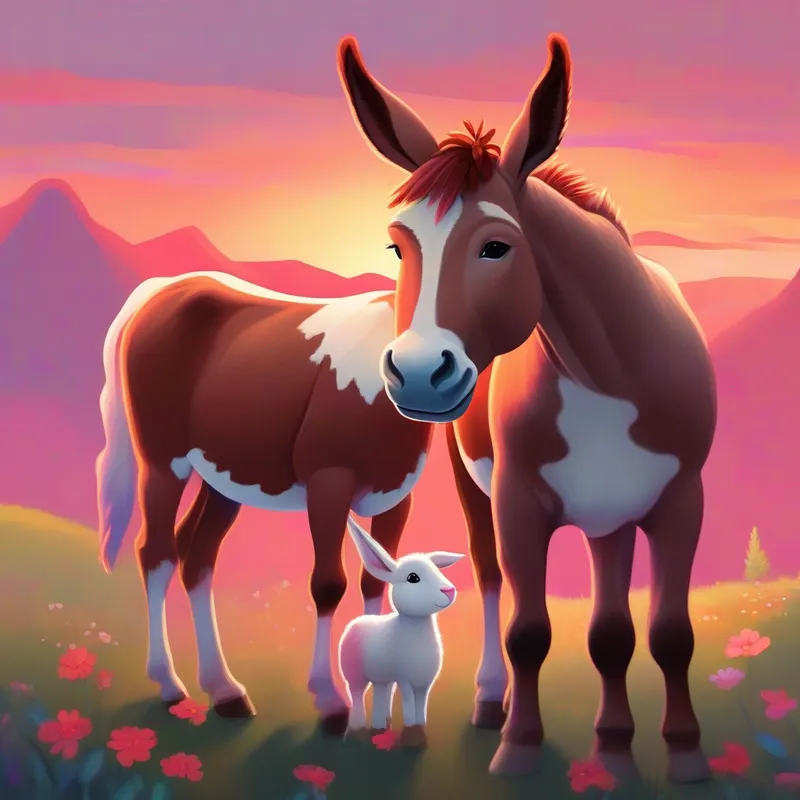 A brown donkey with a red halter hugging A white and brown cow with a pink bow and A small gray rabbit with floppy ears with a colorful sunset