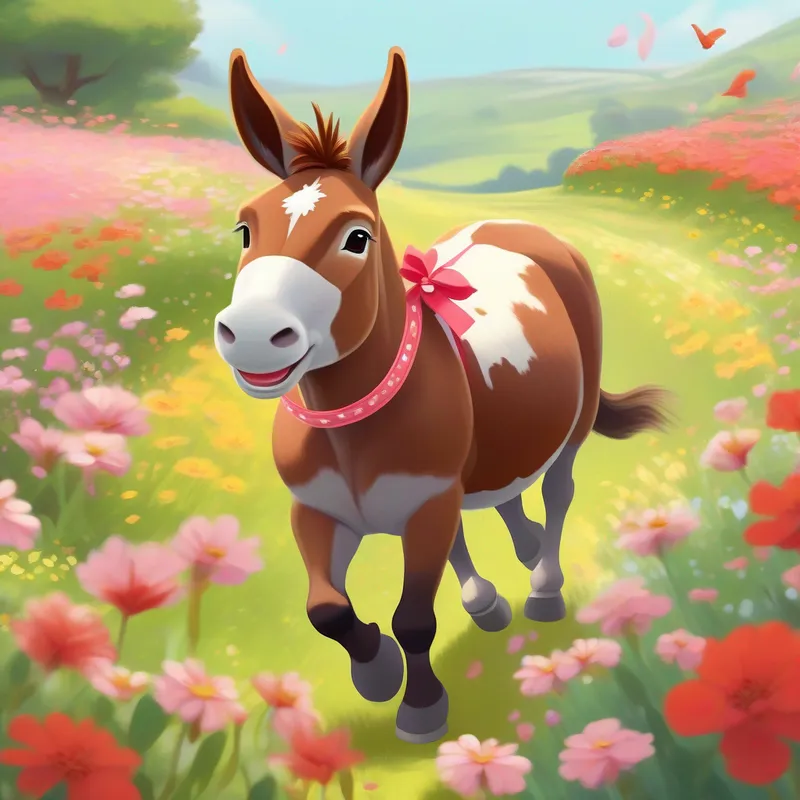 A brown donkey with a red halter, A white and brown cow with a pink bow, and A small gray rabbit with floppy ears running happily through a flower field