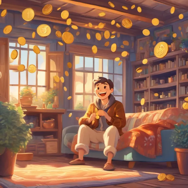 an illustration of a happy man named a cheerful and slightly confused man with a warm smile, wearing cozy pajamas, outside chasing a golden coin in a warm and cozy house with lots of shiny coins