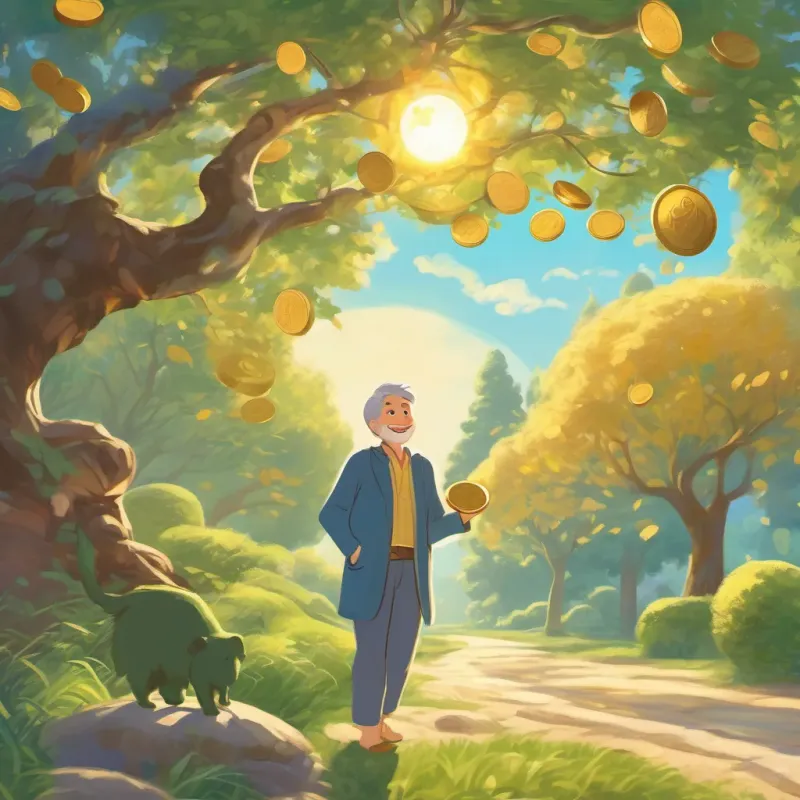 an illustration of a cheerful and slightly confused man with a warm smile, wearing cozy pajamas, outside chasing a golden coin finding a big golden coin under a tree with the sun shining brightly