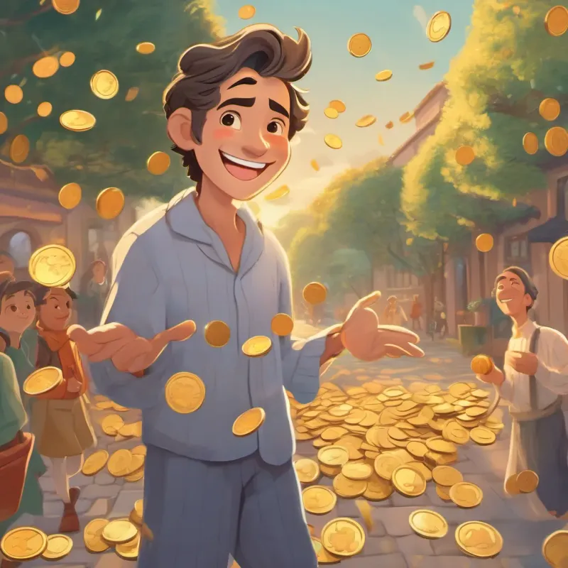 an illustration of a cheerful and slightly confused man with a warm smile, wearing cozy pajamas, outside chasing a golden coin holding the coins and smiling, with friends appearing around him