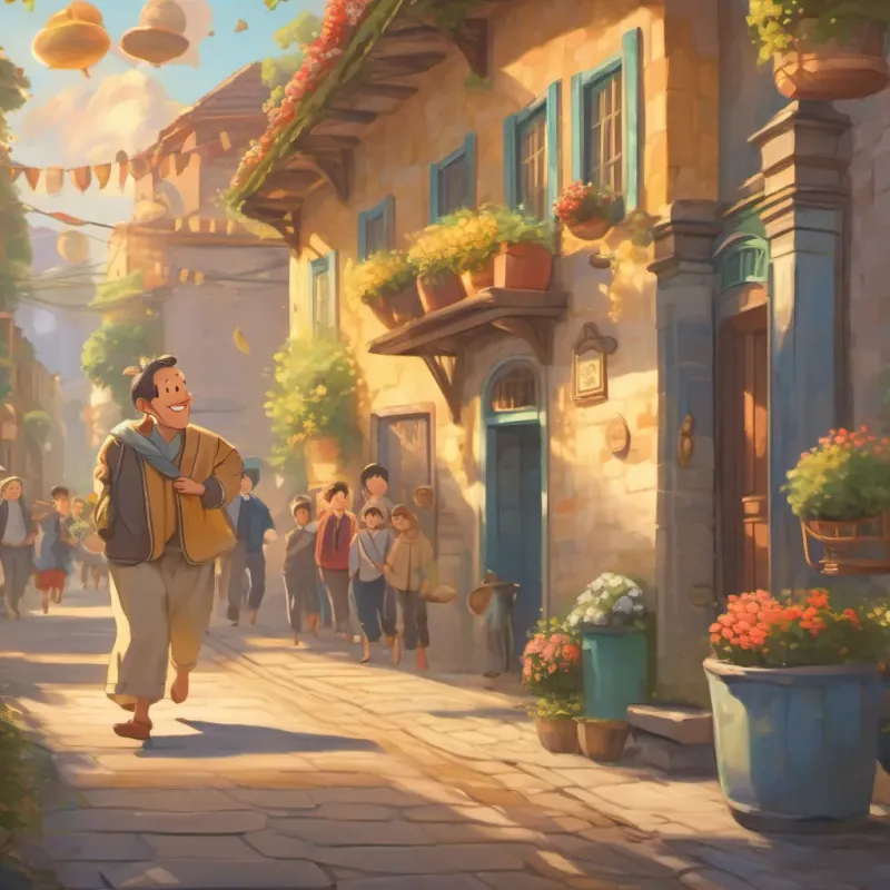 an illustration of a cheerful and slightly confused man with a warm smile, wearing cozy pajamas, outside chasing a golden coin returning to town and spreading kindness among the people