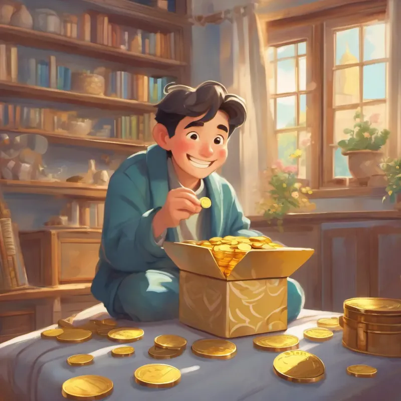 an illustration of a cheerful and slightly confused man with a warm smile, wearing cozy pajamas, outside chasing a golden coin joyfully placing the golden coin into a small box and locking it