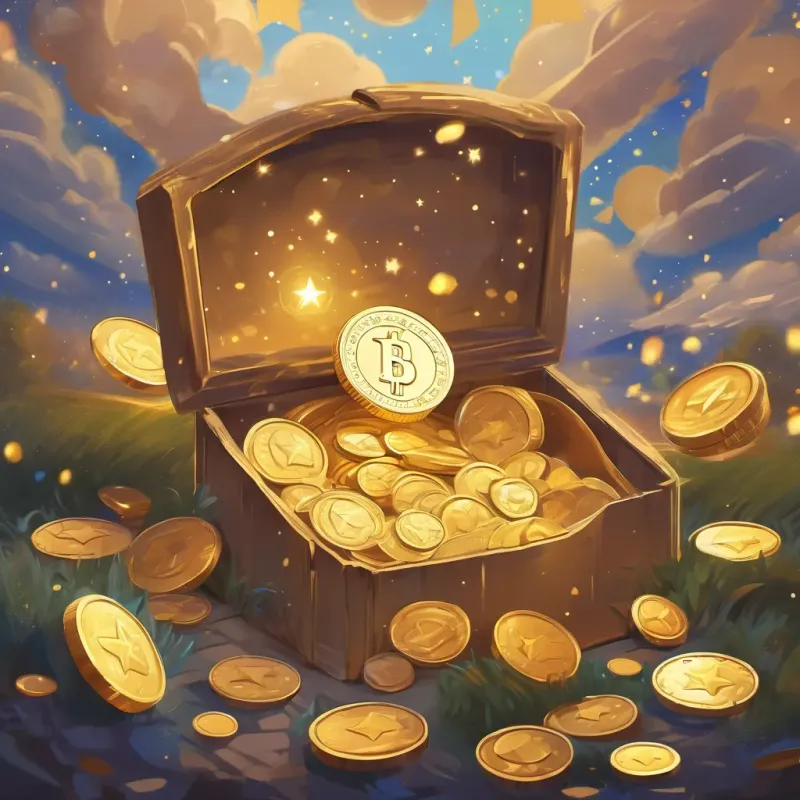 an illustration of the golden coin springing out of the box with stars in the background