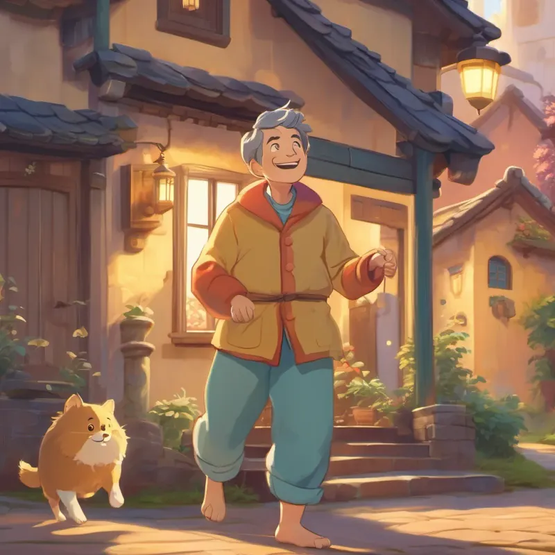 an illustration of a cheerful and slightly confused man with a warm smile, wearing cozy pajamas, outside chasing a golden coin waking up and following the noisy coin outside his house